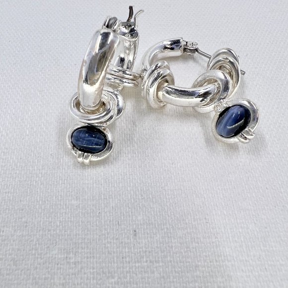NWOT - Liz Claiborne - Blue Charm Silver Tone Hoop Earrings w/ Latch Backs - Picture 2 of 6